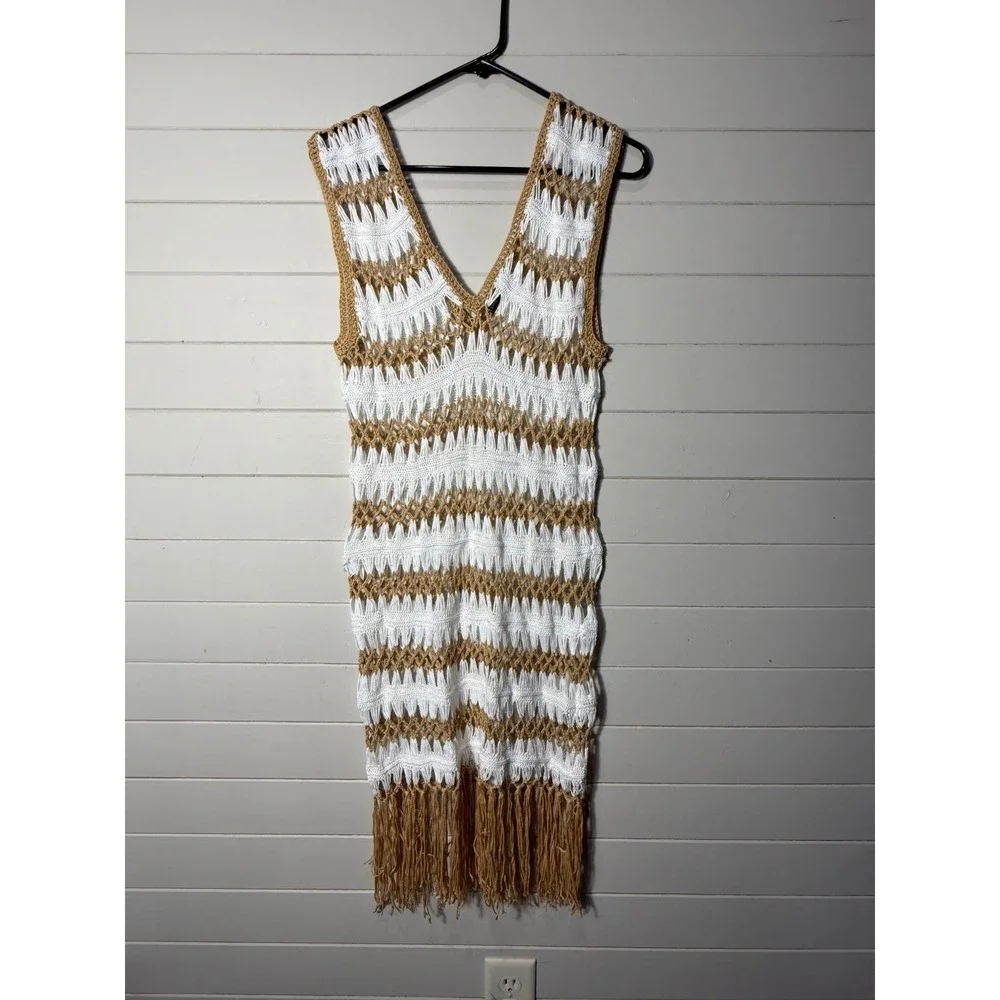 Crochet Fringe‎ Beach Cover Up Dress White Tan Boho Size Medium NWOT